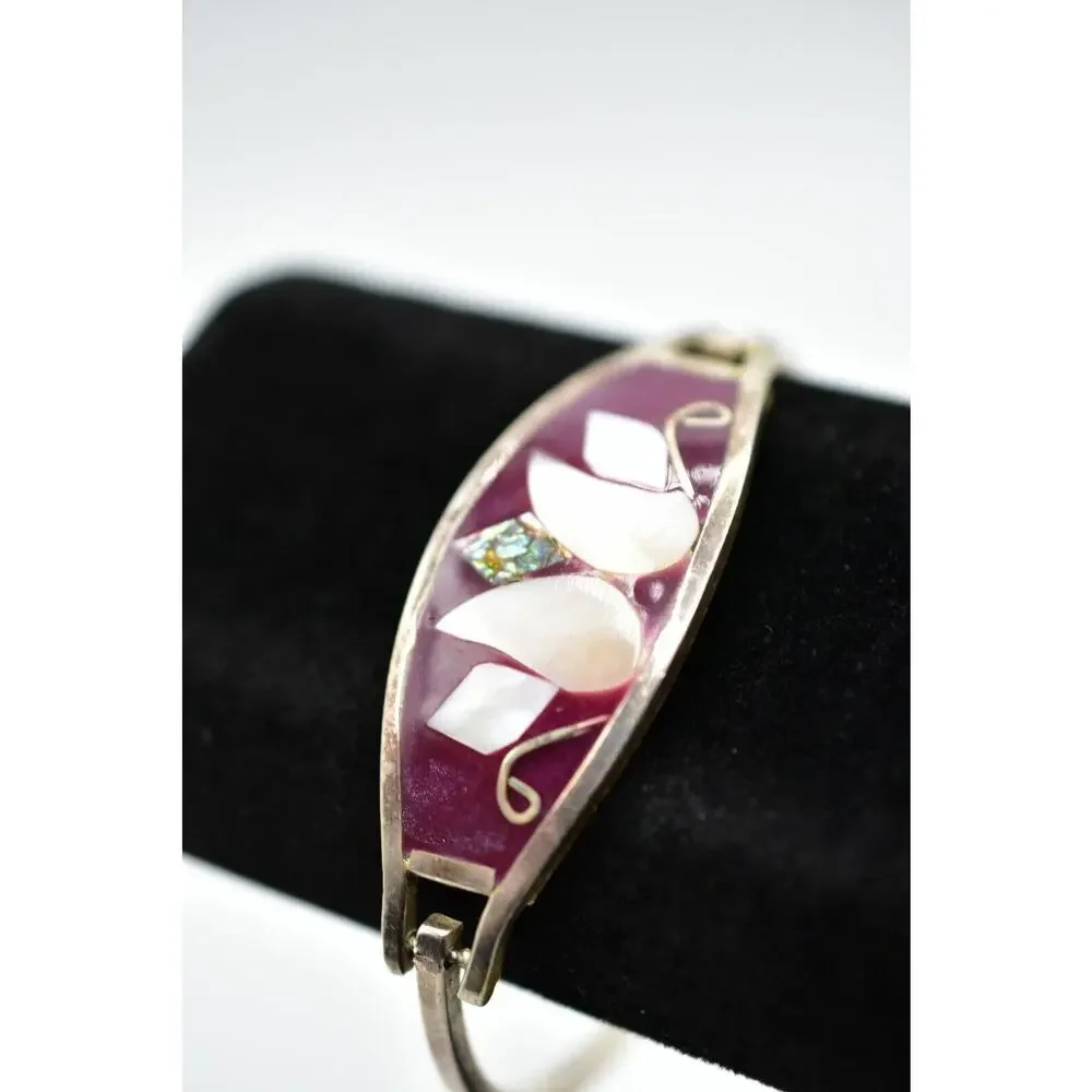 Vintage Bangle Bracelet Mexico Hinged Silver Mother Pearl Inlay Red Enamel Bin2